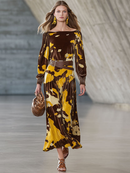 Robe Midi Velours Marron à Motif Vache Rétro avec Manches Longues