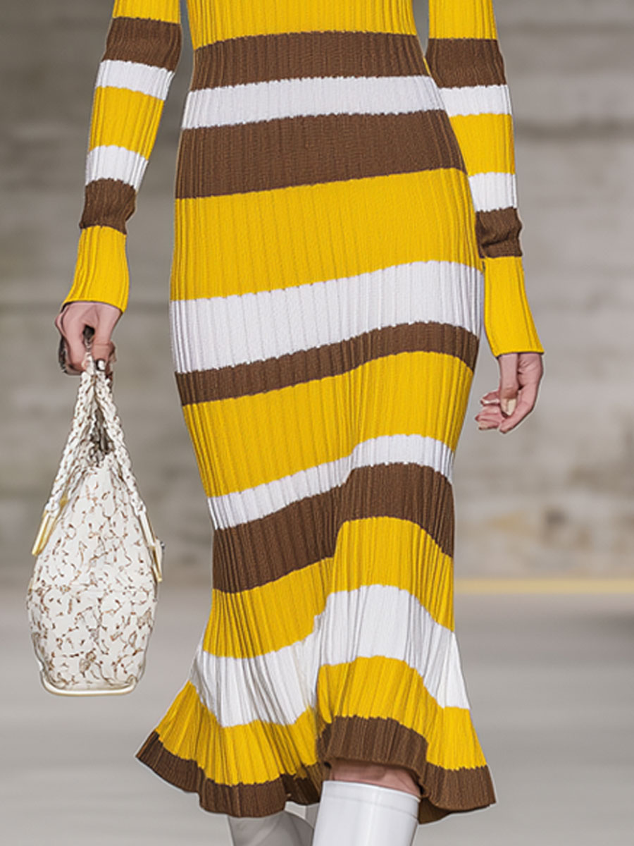 Robe Midi Tricotée à Rayures Rétro avec Fermeture Éclair