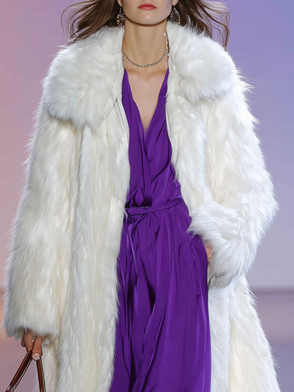 Chic et Élégant Manteau Long en Fausse Fourrure Blanche au Style Rétro