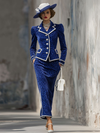 Ensemble Chic en Velours Léopard : Veste Élégante et Jupe à Revers