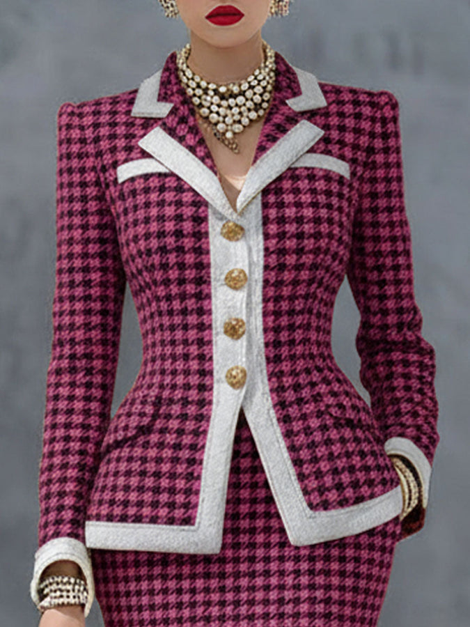 Chic Ensemble Blazer et Jupe à Motif Pied-de-Poule