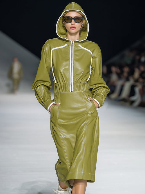 Robe Midi Sportive en Simili Cuir Vert avec Capuche - Élégance Décontractée