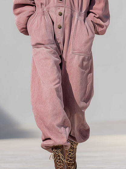 Combinaison en denim rose rétro à capuche avec taille élastique - Style décontracté