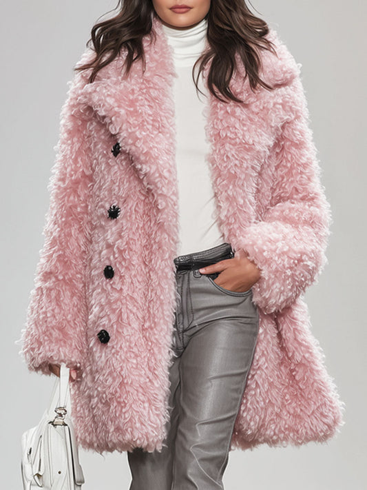 Veste en fausse fourrure bouclée rose avec col à boutons
