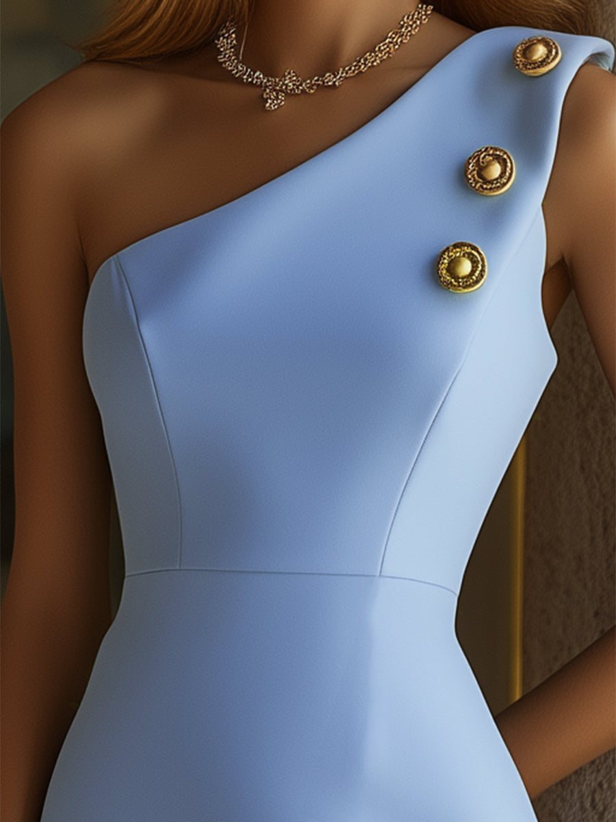 Robe Bleue Femme à Épaules Dénudées – Moulante avec Détails en Boutons Dorés, Expédition Rapide en 24 Heures !
