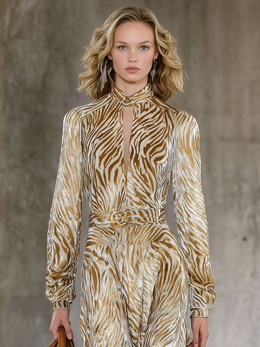 Robe Midi en Velours Champagne Doré à Motif Zèbre Rétro avec Manches Longues