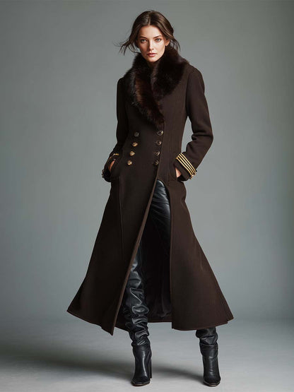 Luxurious Brown Coffee Faux Fur Long Coat with Detachable Feature