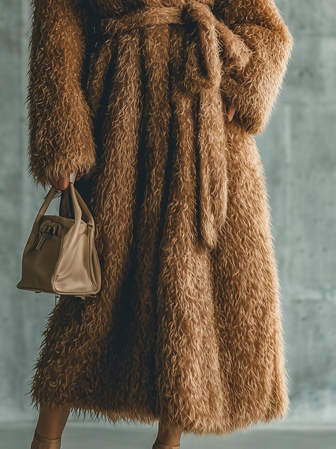 Chic Manteau Long en Fourrure Synthétique Marron