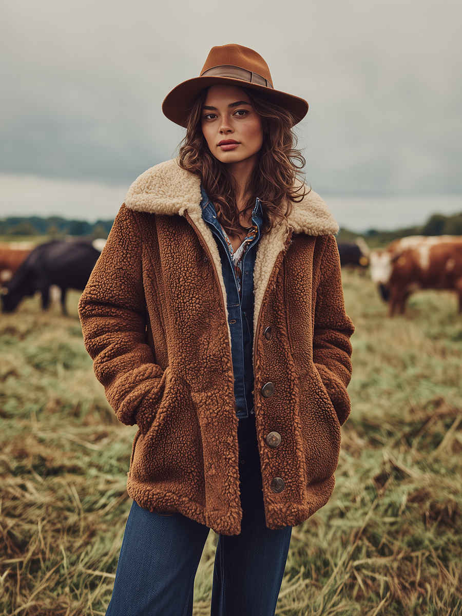 Veste courte en Sherpa au style vintage Western avec col élégant