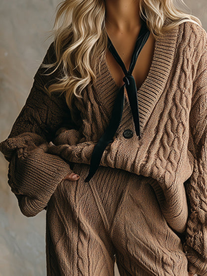 Ensemble Décontracté en Maille Torsadée Marron avec Pantalon à Jambes Larges