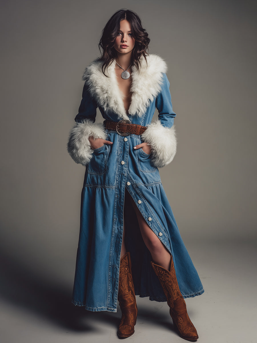 Maxi Robe en Jean Chic avec Col en Fourrure Synthétique Détachable - Style Western Élégant