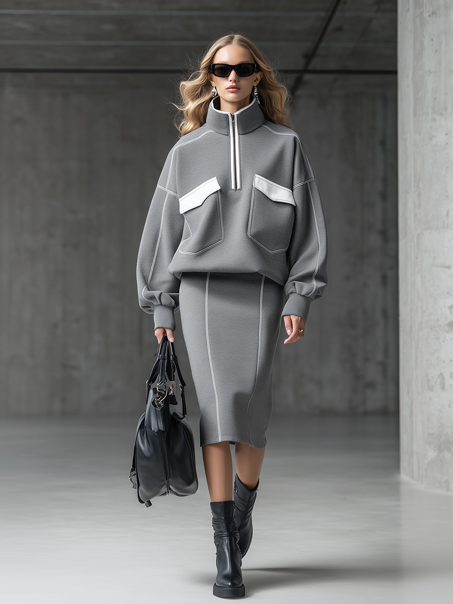 Ensemble Sportif Élégant : Sweat-shirt et Jupe Zippée Demi-Haute en Blanc et Gris