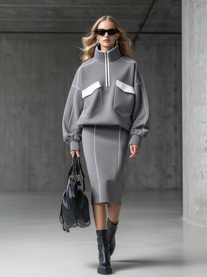 Ensemble Sportif Élégant à Demi-Zip en Blanc et Gris