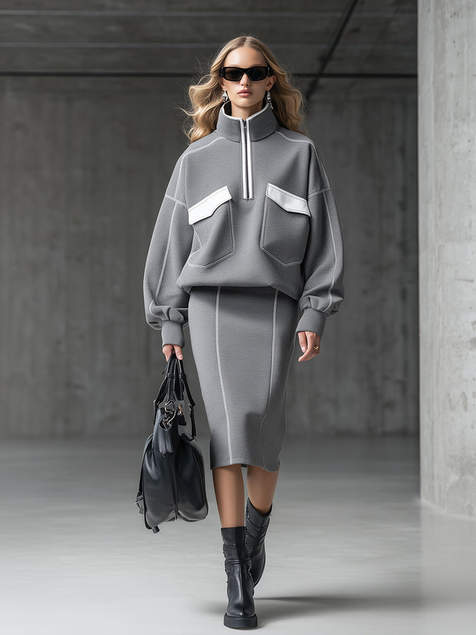 Ensemble Sportif Élégant : Sweat-shirt et Jupe Zippée Demi-Haute en Blanc et Gris