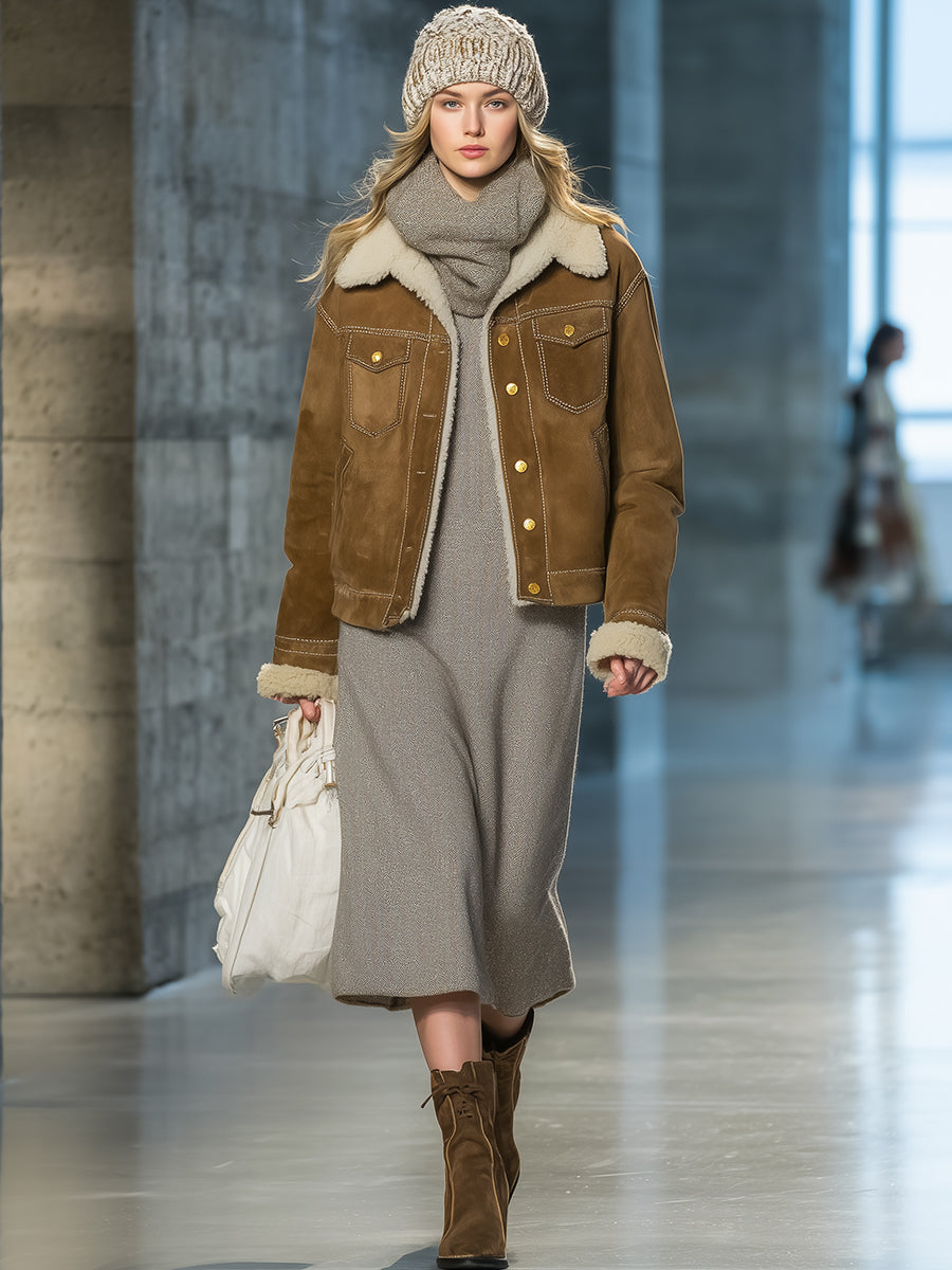 Veste Vintage en Simili Agneau Brun avec Col Élégant