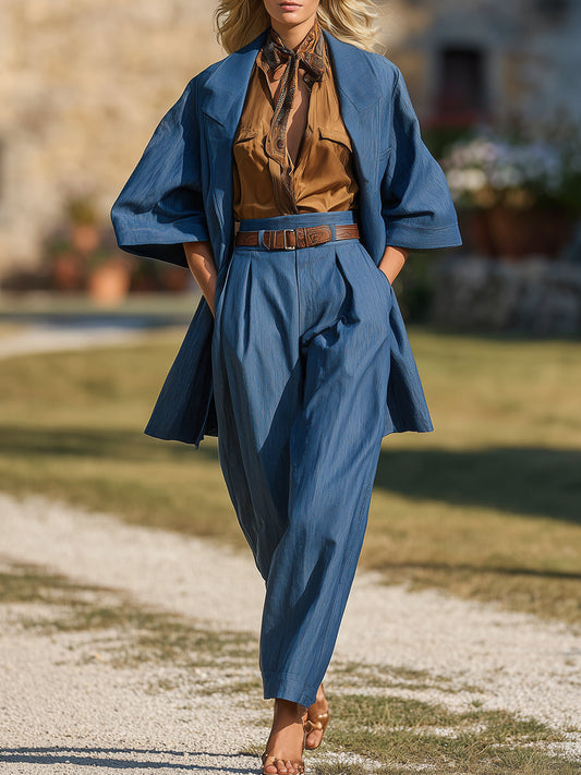 Veste en Jean Western Élégante avec Pantalons Carottes Chic