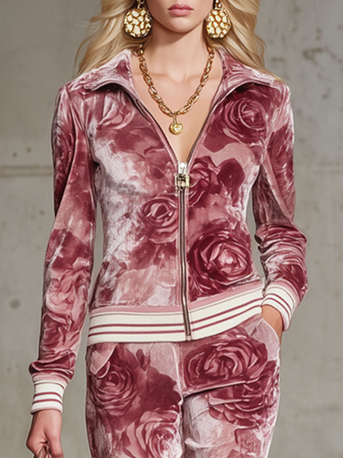 Ensemble Chic en Velours Imprimé Rose : Haut à Col Revers et Pantalon Élégant avec Fermeture Éclair