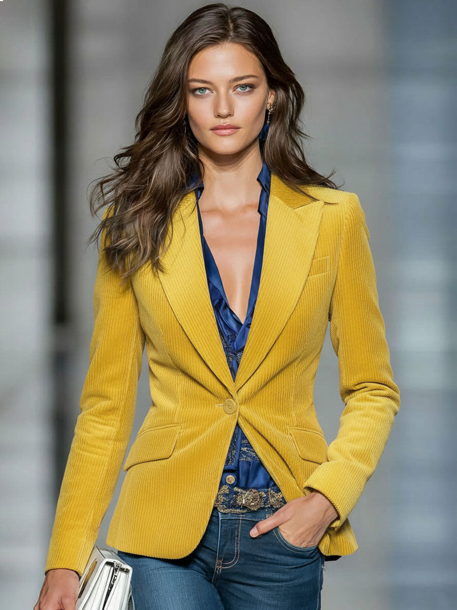 Blazer Vintage en Velours à Bouton Unique