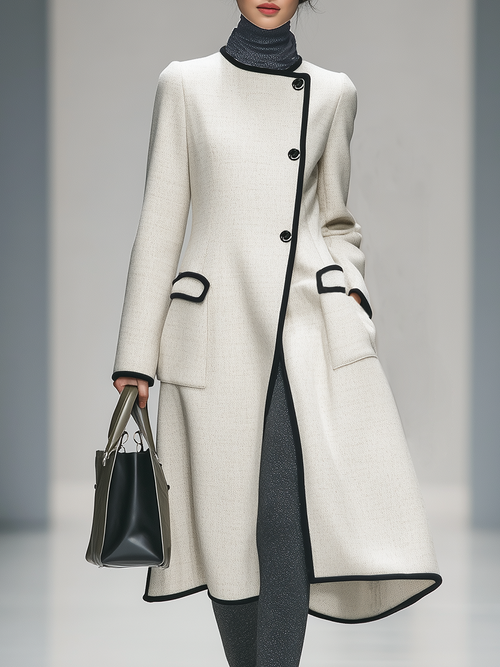 Veste Rétro Élégante à Col Rond et Manches Longues avec Détails Contrastés