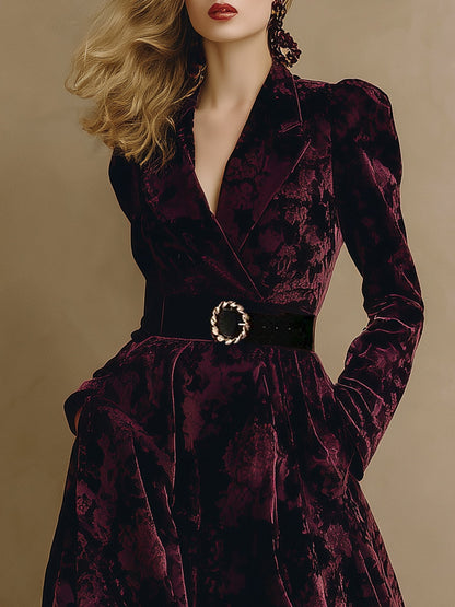 Luxurious Bordeaux Jacquard Velvet Maxi Dress