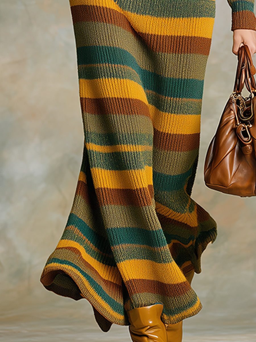 Robe Maxi Tricotée à Rayures Marron et Verte avec Détails Western Rétro