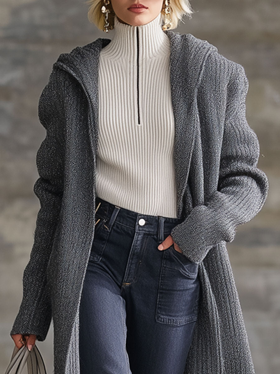 Cardigan Vintage à Capuche en Tricot Gris - Style Décontracté