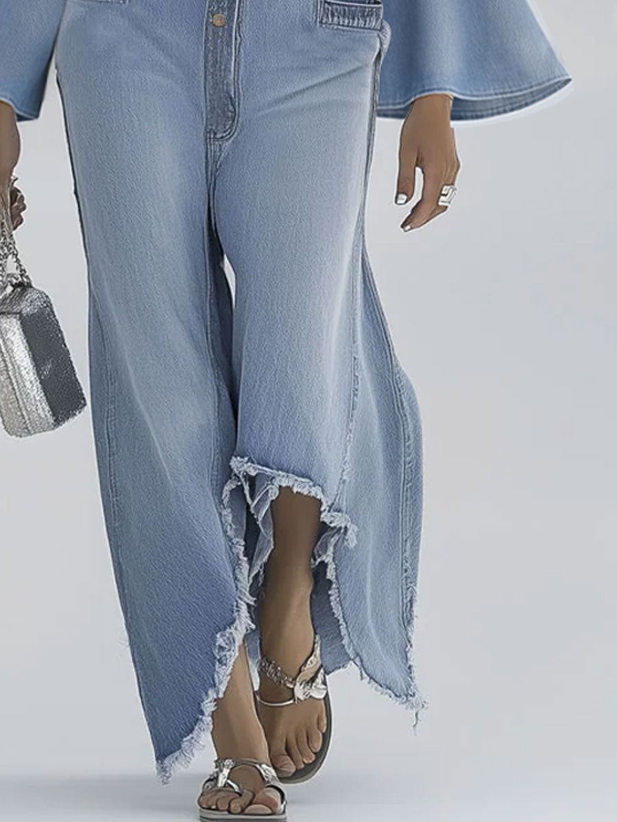 Salopette Vintage en Jean Bleu Clair à Jambes Évasées et Manches Longues avec Détails Bruts