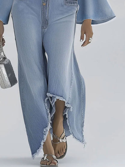 Salopette Vintage en Jean Bleu Clair à Jambes Évasées et Manches Longues avec Détails Bruts