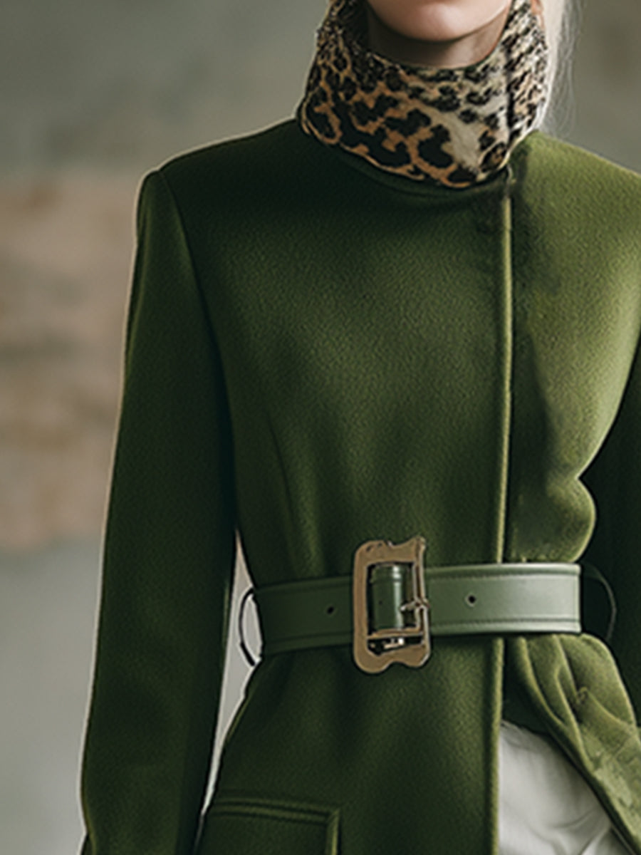 Élégant Manteau Vert Mousse en Laine avec Col en Fourrure Léopard