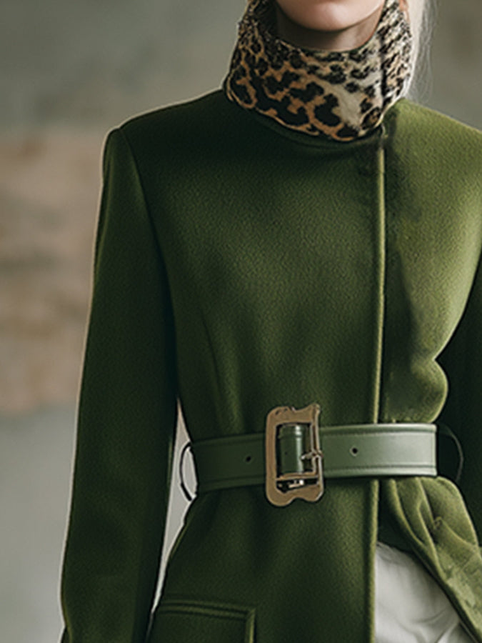 Élégant Manteau Vert Mousse en Laine avec Col en Fourrure Léopard