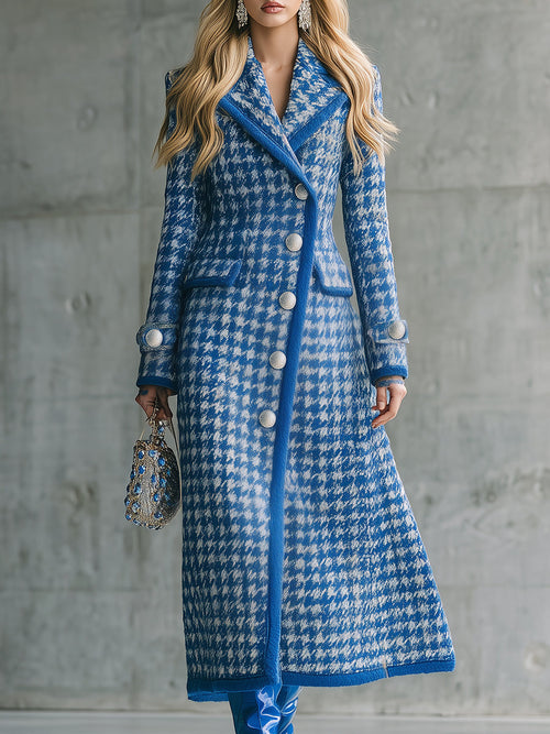 Chic Long Houndstooth Coat in Retro Blue