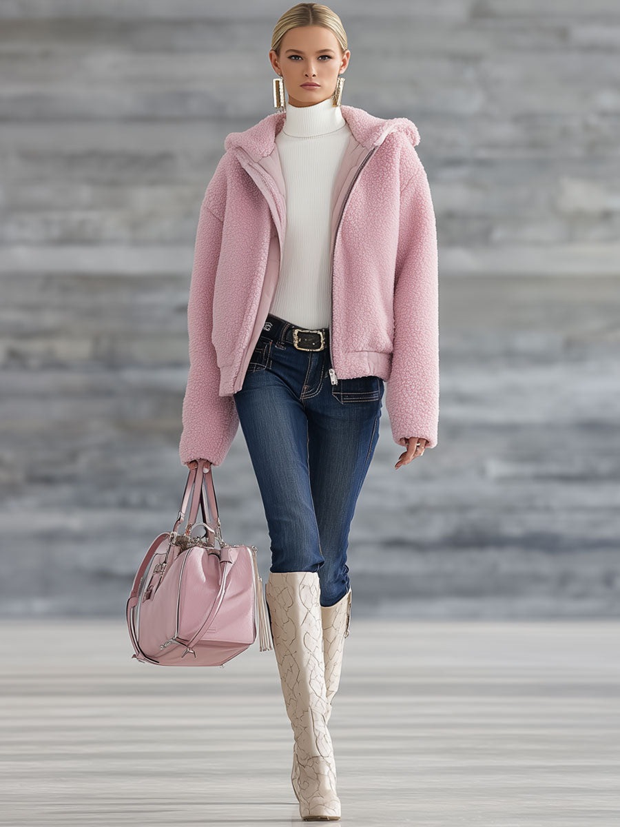 Veste polaire rétro à capuche zippée en rose