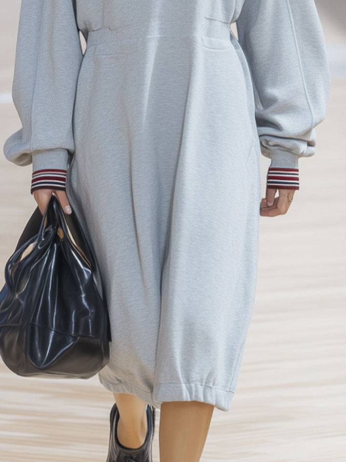Robe Midi Décontractée à Rayures Bud Gris Clair avec Manches Longues et Col V