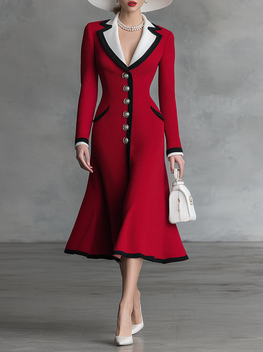 Robe Midi Rouge en Tricot A-ligne : Élégance et Romance avec Col Revers