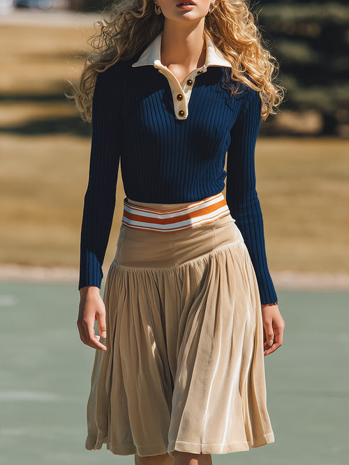 Ensemble Élégant en Tricot Bleu Foncé avec Revers et Jupe en Velours Beige
