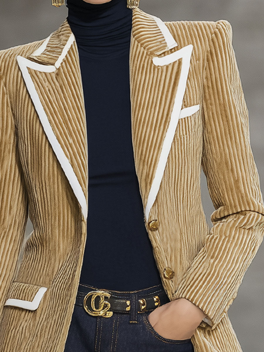 Veste en Velours Rayé à Bord Contrasté Chic
