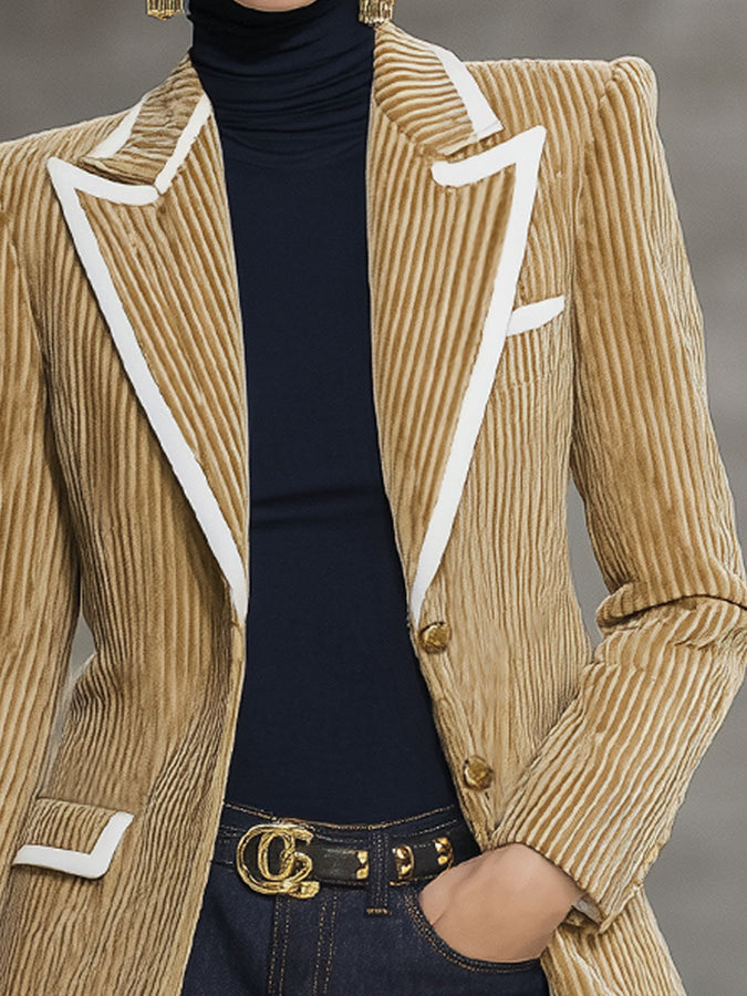 Veste Élégante en Velours Rayé avec Détails Contrastants