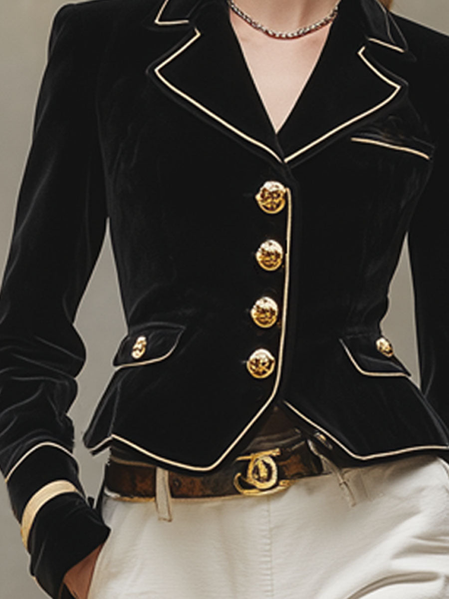 Blazer Velours Noir Cintré avec Col Cranté et Détails Dorés