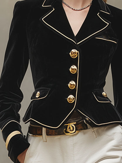 Blazer Noir en Velours à Revers Classique avec Éléments Dorés
