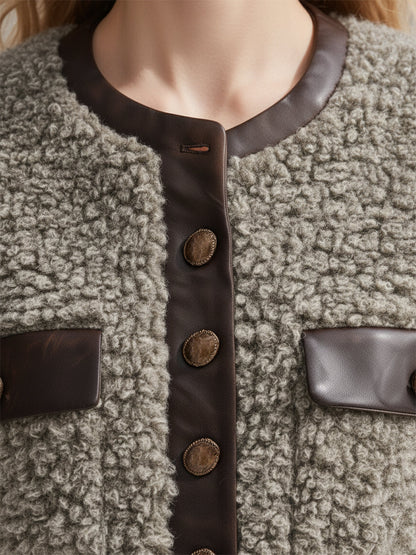 Veste Rétro en Fausse Fourrure avec Détails en Simili Cuir et Col Rond