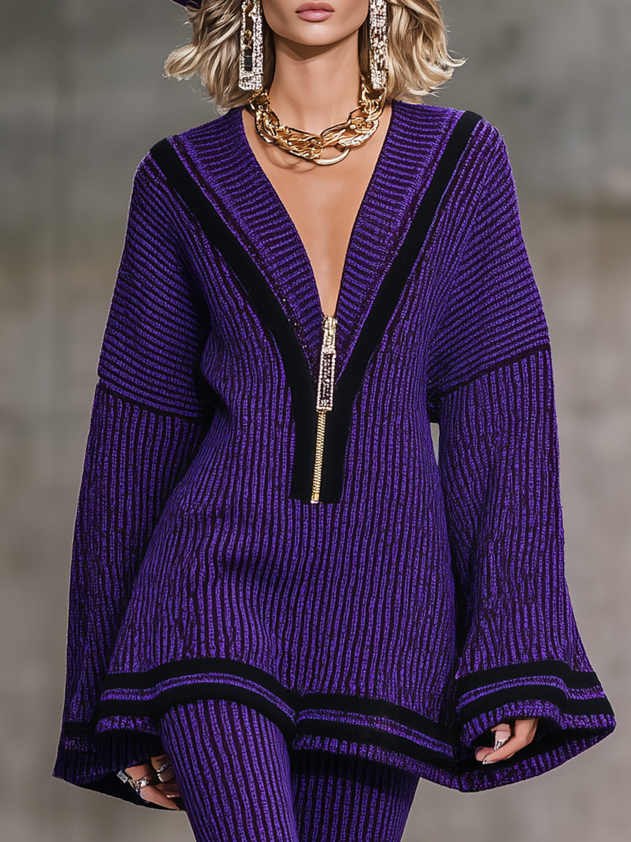 Chic et Tendance : Ensemble Haut Tricoté à Demi-Zip et Pantalons Évasés Violets
