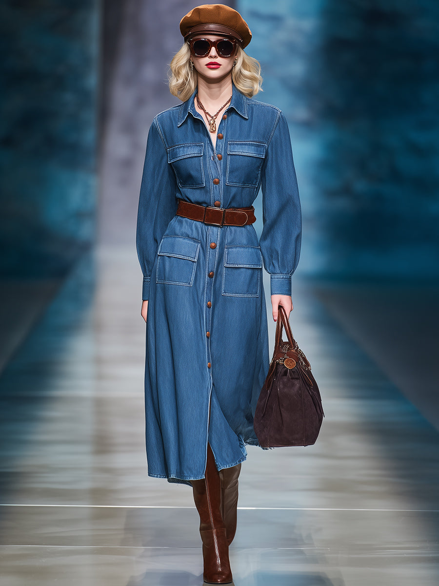 Robe Midi en Jean Vintage Décontractée avec Poches Pratiques et Col Boutonné