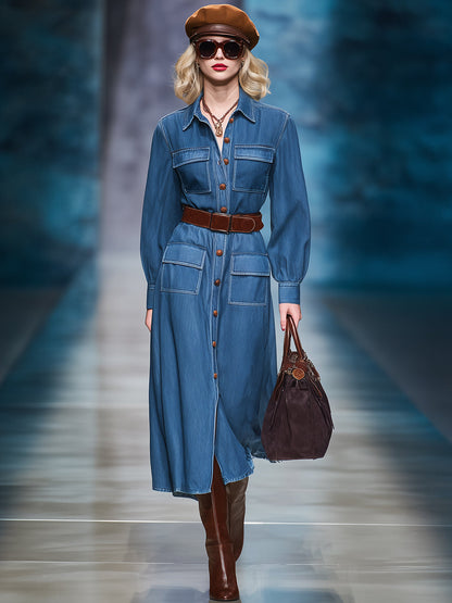 Robe Midi en Jean Vintage Décontractée avec Poches Pratiques et Col Boutonné