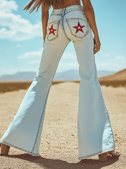 Expédition Rapide en 24h : Pantalons en Denim Évasés avec Broderie d'Étoile au Dos