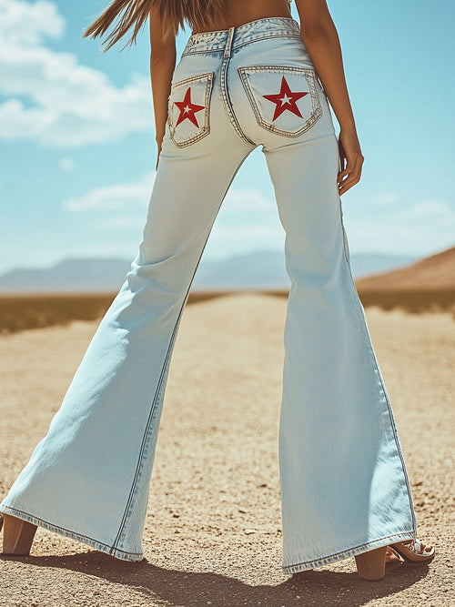 Expédition Rapide en 24h : Pantalons en Denim Évasés avec Broderie d'Étoile au Dos