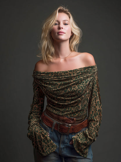 Chic T-shirt en velours à col drapé et épaule dénudée - Style haut de gamme, polyvalent à deux façons