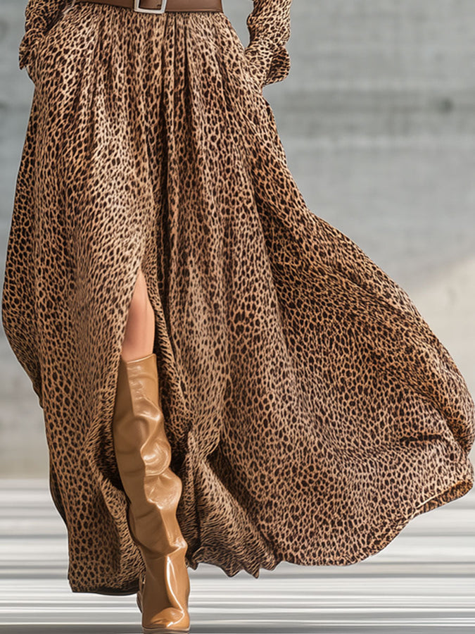 Robe Maxi Imprimée Léopard Marron avec Ceinture - Style Rétro