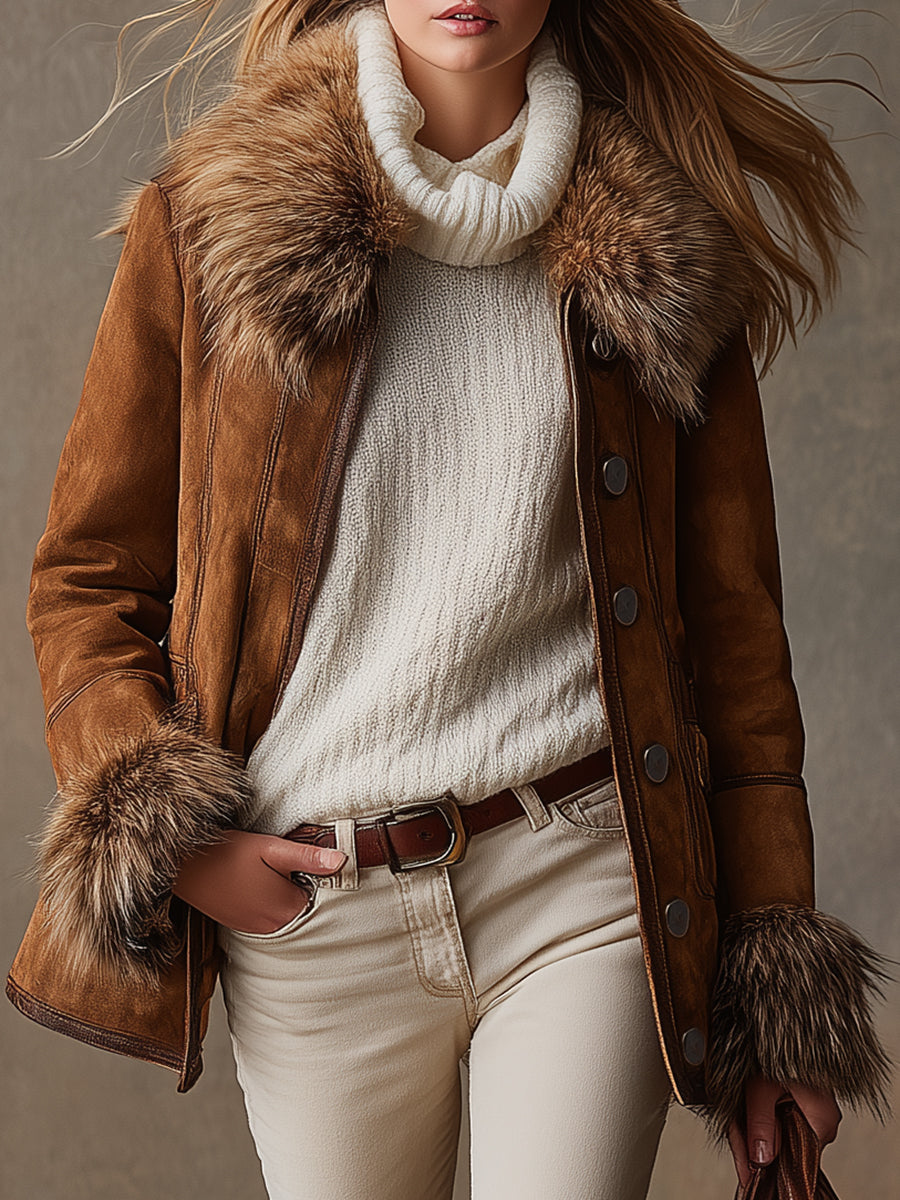 Veste Suédine Marron avec Détails en Laine au Style Western Vintage
