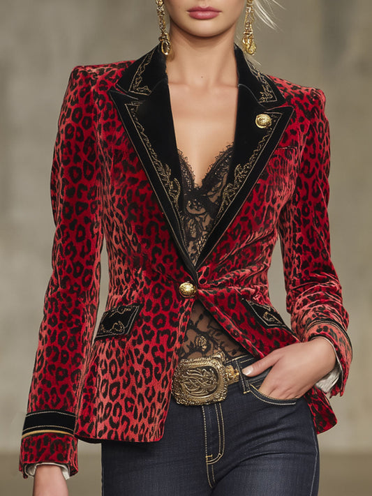 Veste en Velours Léopard Brodée avec Détails Contrastants Élégants