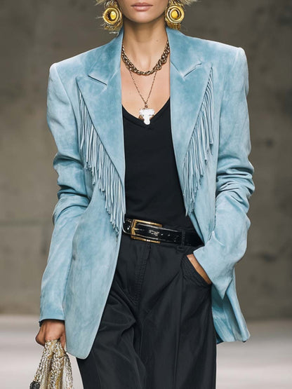 Veste en Suède Bleu Clair avec Col Pointe Vintage Western et Franges Élégantes